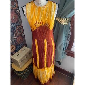 Marla Kim Tie Dyed Yellow & Rust Red Palm Tree Maxi Dress